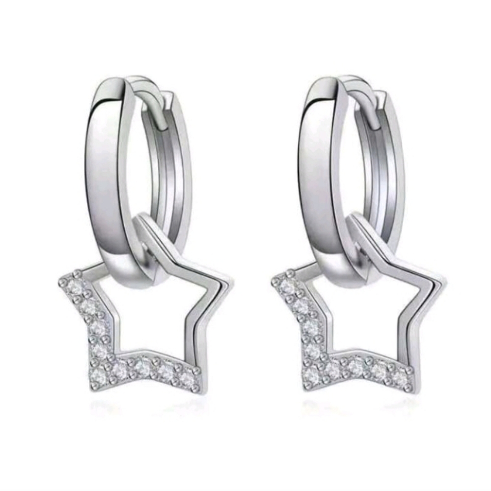 NEW! Silver Diamond Star Charms Huggie Hoop Earrings